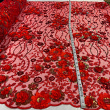 1 Yard Dazzling Yellow Beaded Sequined 3D Floral Lace Fabric on Net Mesh 52 inch Width