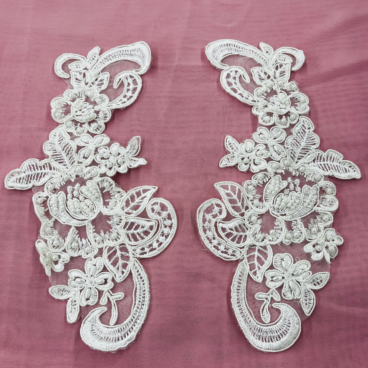 1 Yard Beaded Corded Floral Lace Applique on Sheer Polyester Organza, Embroidered Fabric for Dresses & Gowns