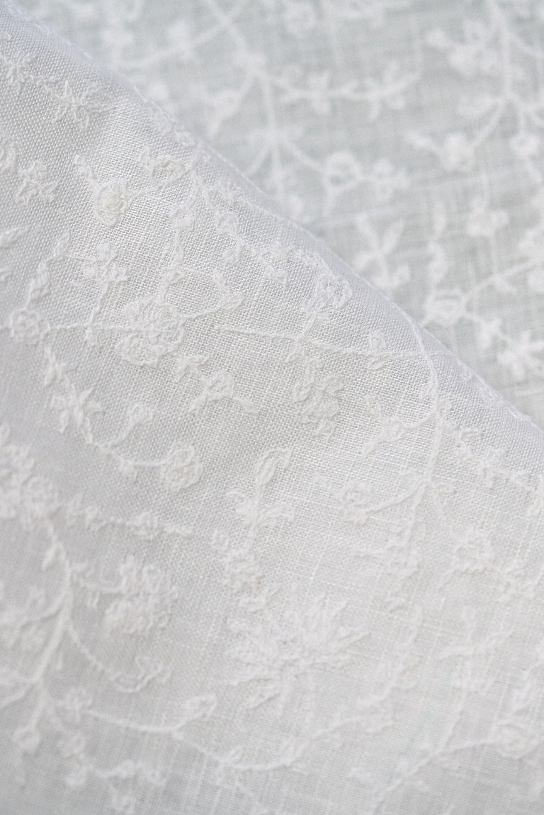 1 Yard White Dense Flower Embroidered Linen Elegant Craft Fabric 54" Width
