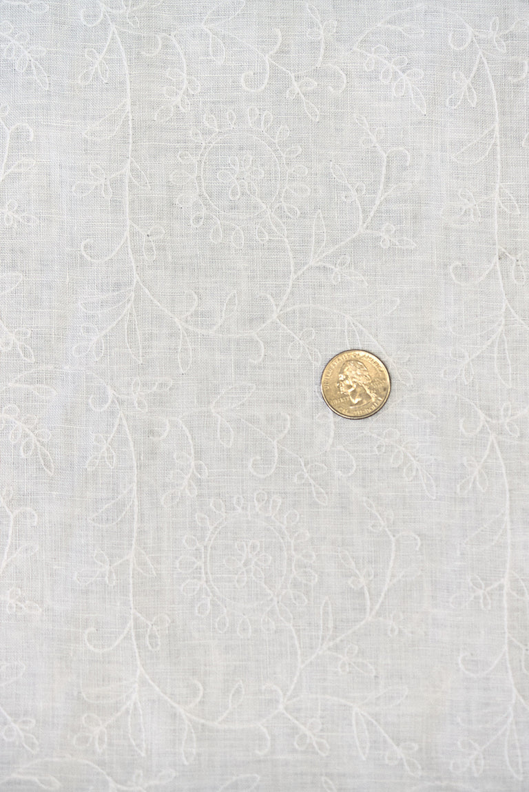 1 Yard White Pure Linen Tile Flower Embroidered Premium Decor Fabric 54" Width