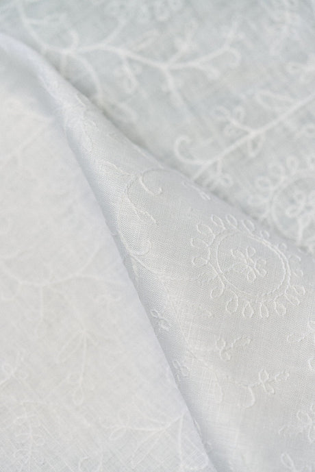 1 Yard White Pure Linen Tile Flower Embroidered Premium Decor Fabric 54" Width