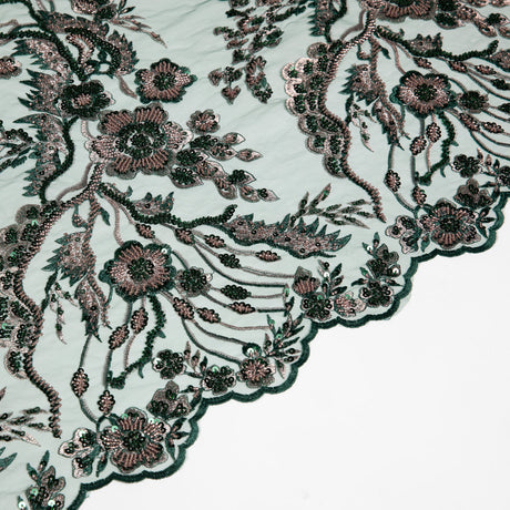 1 Yard Embroidered Beaded and Sequined Lace Fabric with Floral Pattern 50/52" Wide