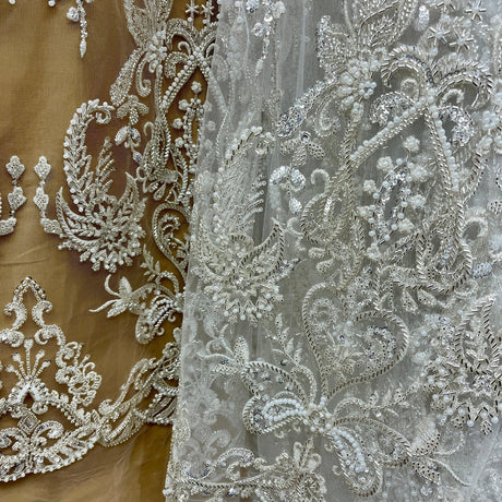 1 Yard Elegant Beaded Lace Fabric Embroidered on Polyester Net Mesh 50” Wide
