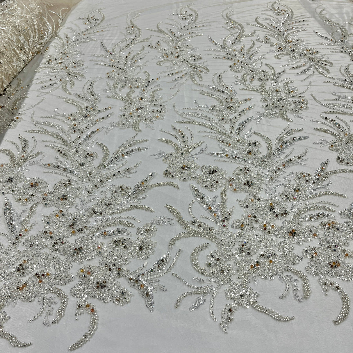 1 Yard Light Blue Beaded Lace Embroidered Fabric, Polyester Net Mesh, 50” Wide