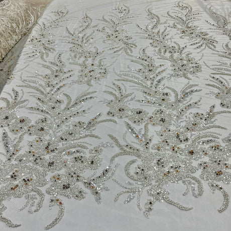 1 Yard Light Blue Beaded Lace Embroidered Fabric, Polyester Net Mesh, 50” Wide