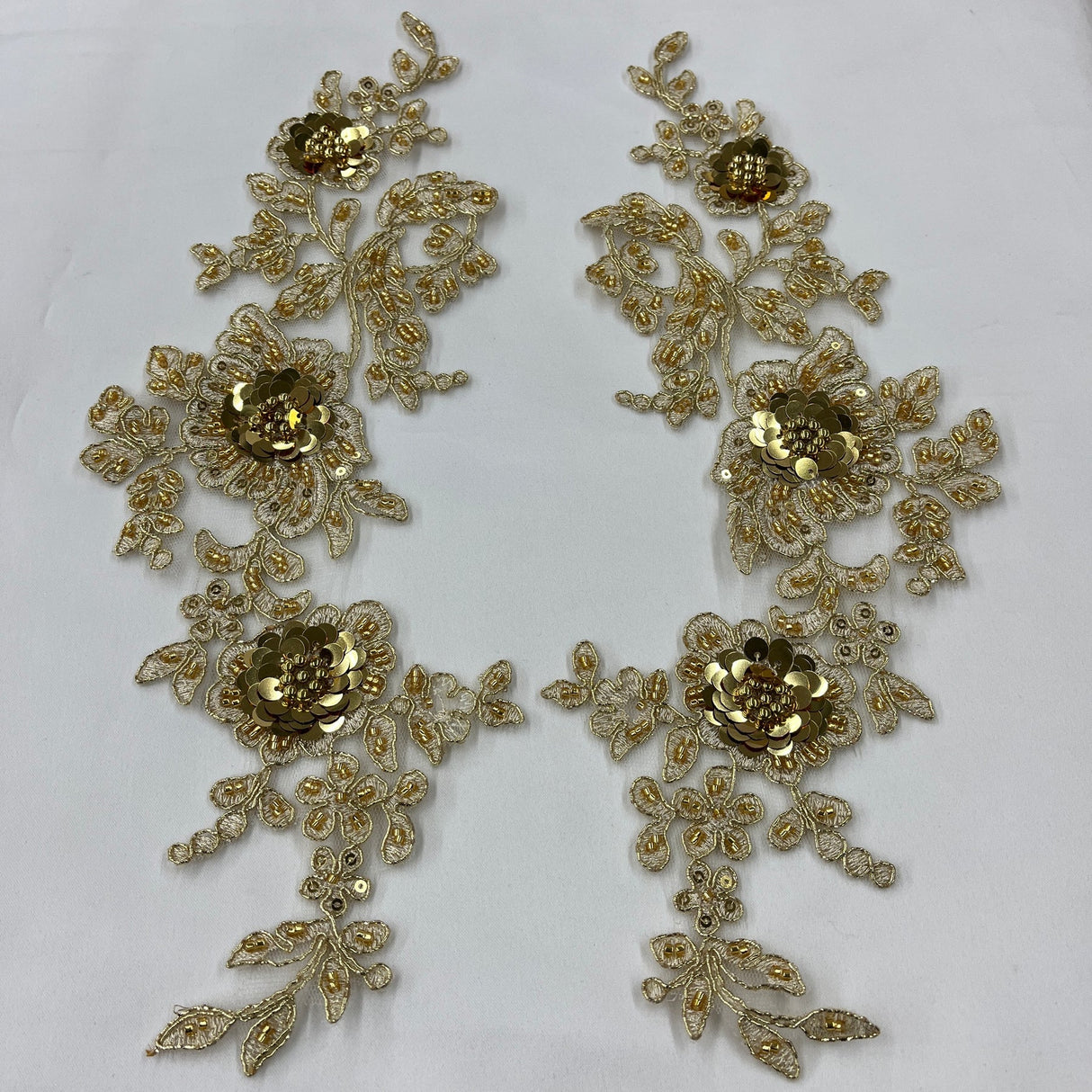 1 Pair 14" x 3" Beaded & Corded Floral 3D Lace Applique Embroidered on 100% Polyester Net Mesh