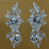 1 Pair Beaded & Corded Floral 3D Lace Applique 100% Polyester Net Mesh 9" x 4" Each Side