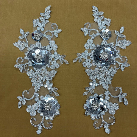 1 Pair Beaded & Corded Floral 3D Lace Applique 100% Polyester Net Mesh 9" x 4" Each Side