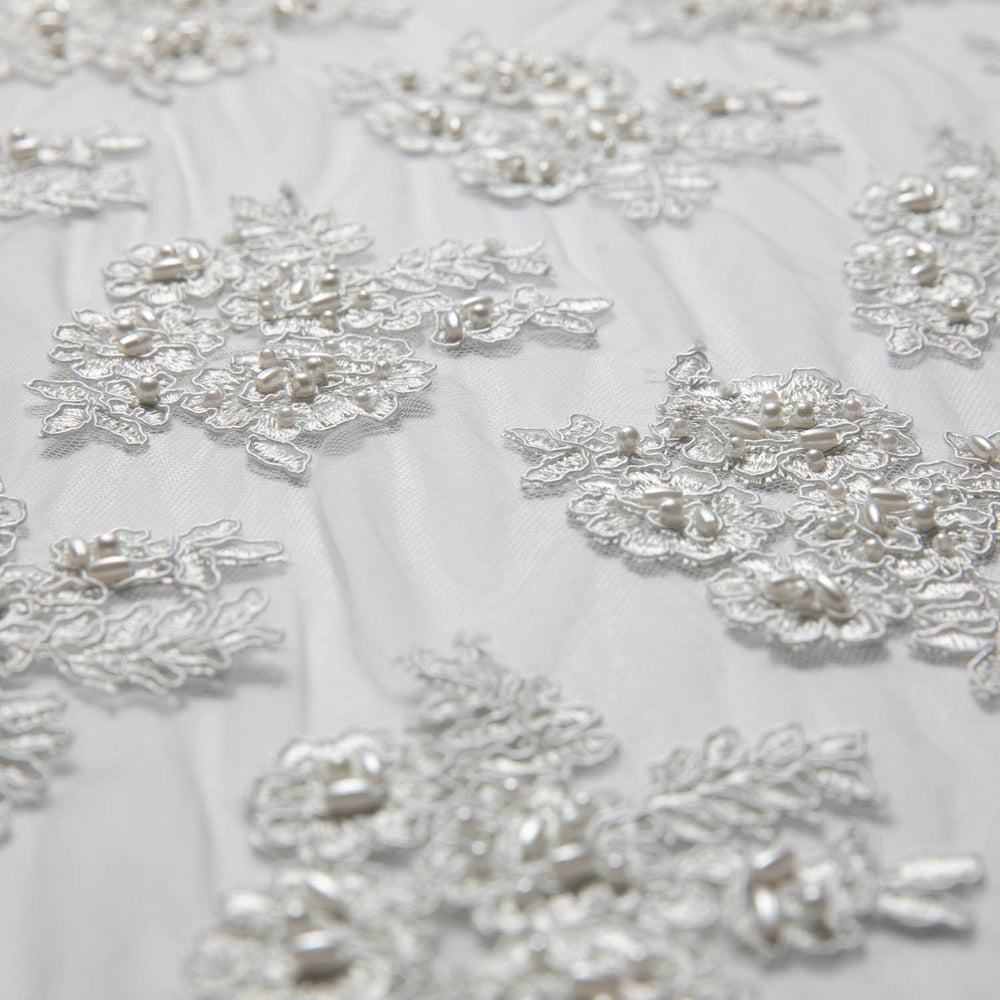 1 Yard Tulle Lace Fabric with Beads and Floral Embroidery – 52/54" Wide Designer Textile