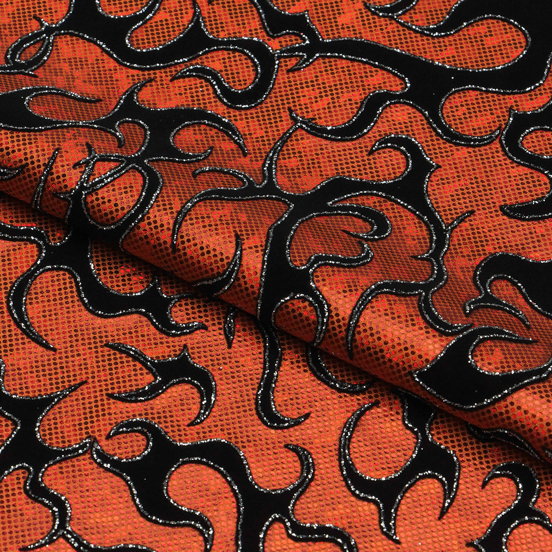 1 Yard Flame Flocked Hologram Spandex Fabric 4-Way Stretch, 56" Wide for Dance & Festival