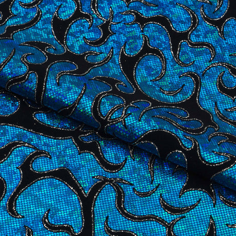 1 Yard Flame Flocked Hologram Spandex Fabric 4-Way Stretch, 56" Wide for Dance & Festival
