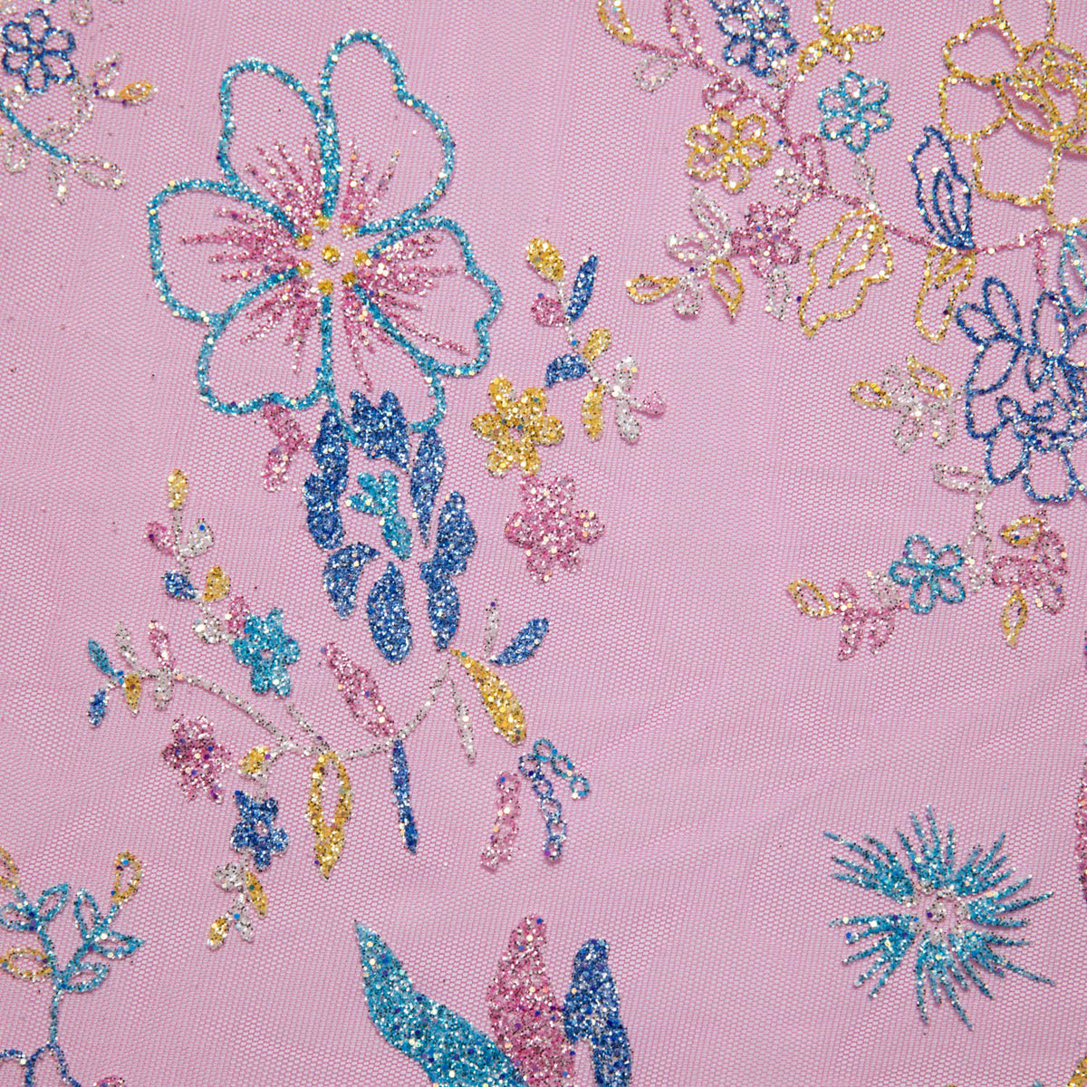 1 Yard Tulle Lace Fabric with Multicolor Glitter and Floral Pattern, 58" Wide