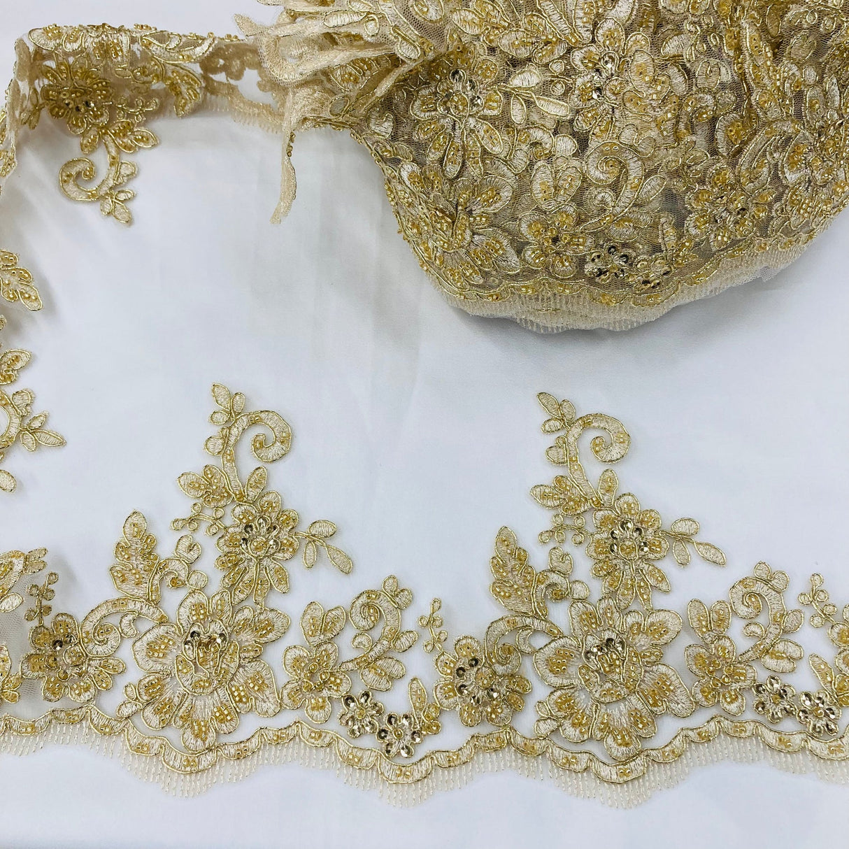 1 Yard 6" Wide Beaded & Corded Floral Lace Trimming Embroidered on 100% Polyester Net Mesh