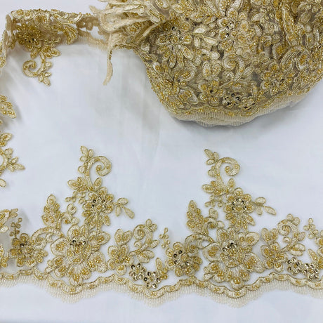 1 Yard 6" Wide Beaded & Corded Floral Lace Trimming Embroidered on 100% Polyester Net Mesh