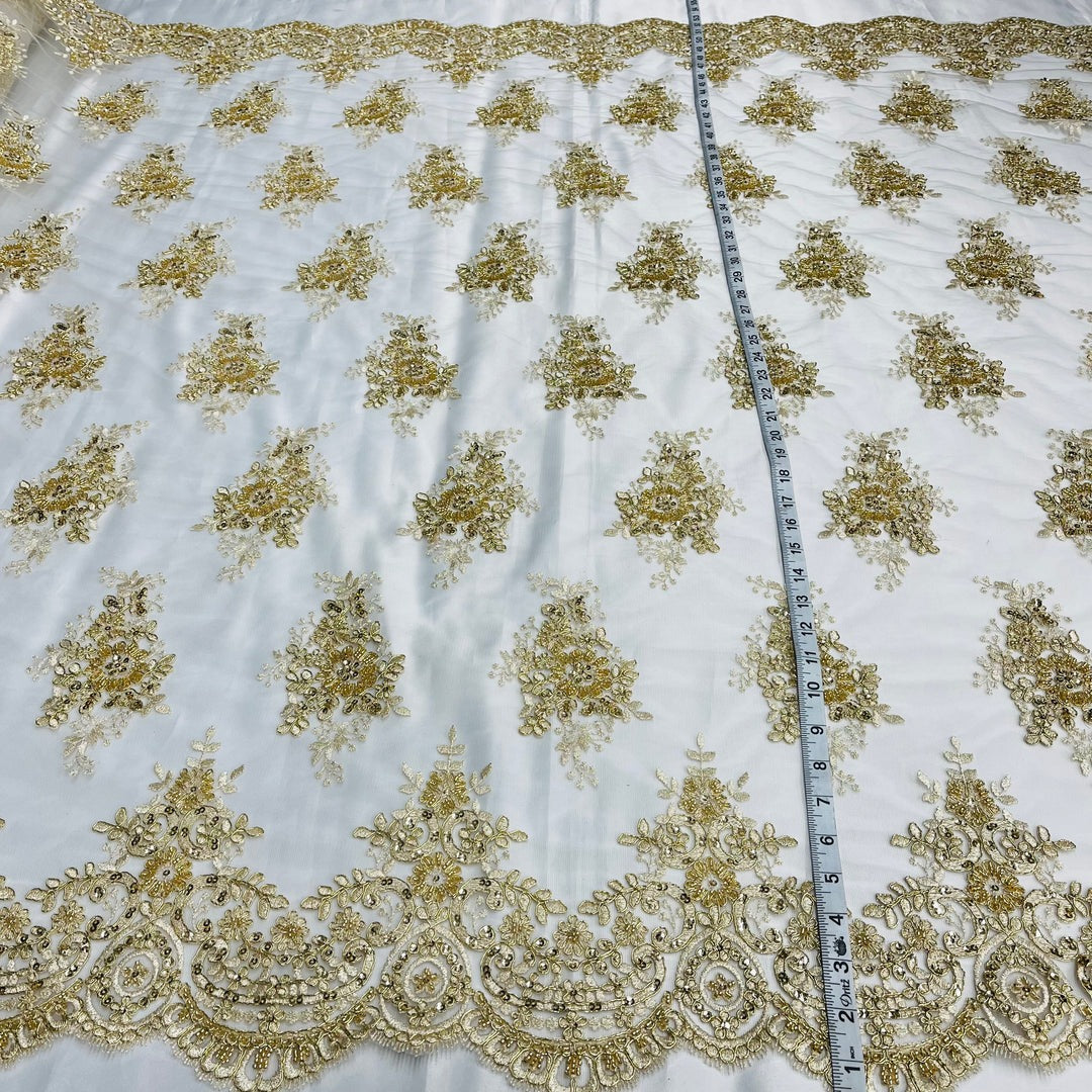 1 Yard Beaded & Corded Lace Fabric on 100% Polyester Net Mesh, Elegant Embroidered Lace Material