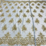 1 Yard Beaded & Corded Lace Fabric on 100% Polyester Net Mesh, Elegant Embroidered Lace Material