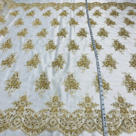 1 Yard Beaded & Corded Lace Fabric on 100% Polyester Net Mesh, Elegant Embroidered Lace Material