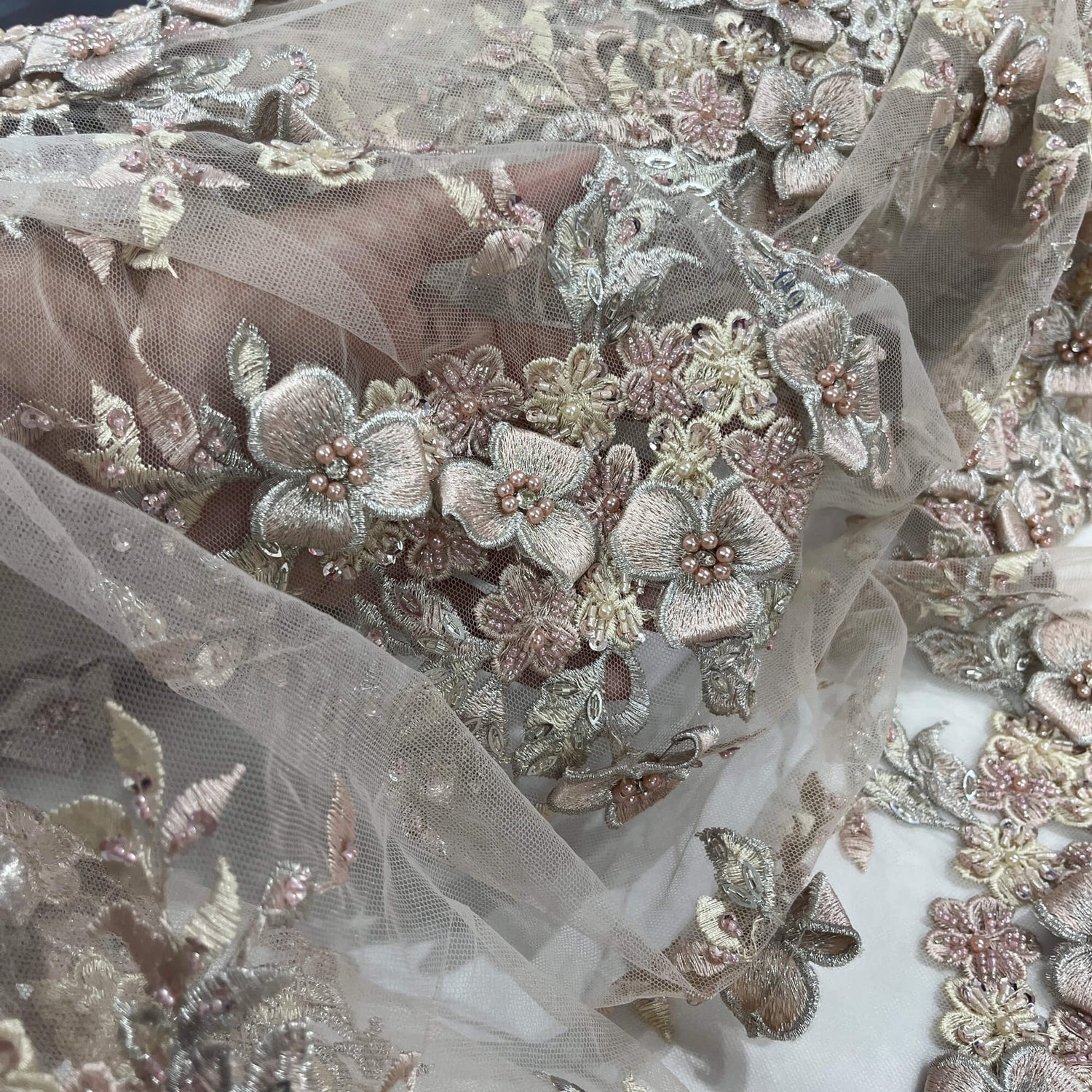 1 Yard 3D Beaded Floral Lace Fabric with Rhinestones, 51" Wide Embroidered Mesh