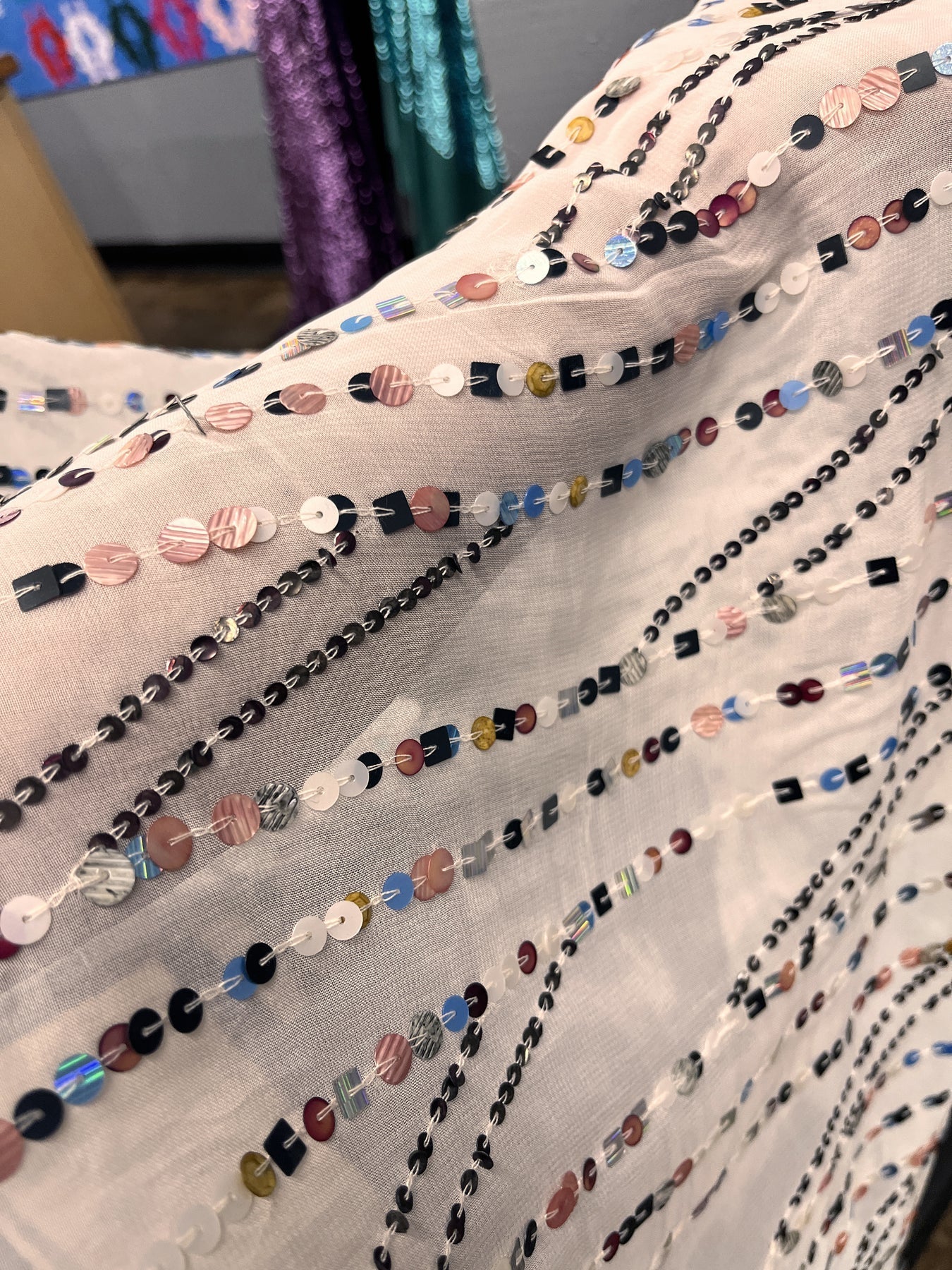 1 Yard White Hand Sequined Chiffon Fabric Soft Lightweight Percent Polyester 48 Inch Width