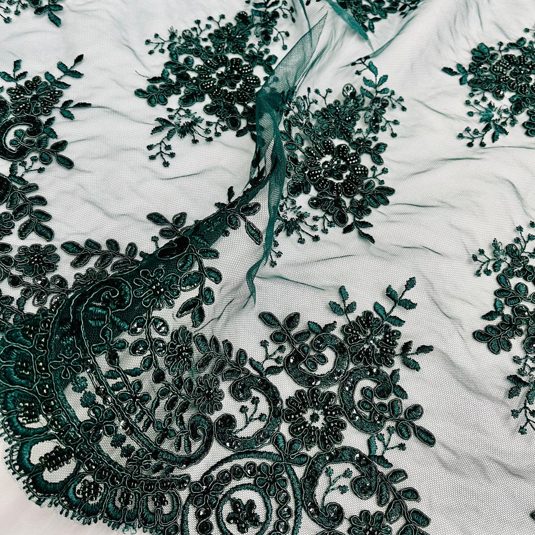 1 Yard Beaded & Corded Lace Fabric on 100% Polyester Net Mesh, Elegant Embroidered Lace Material