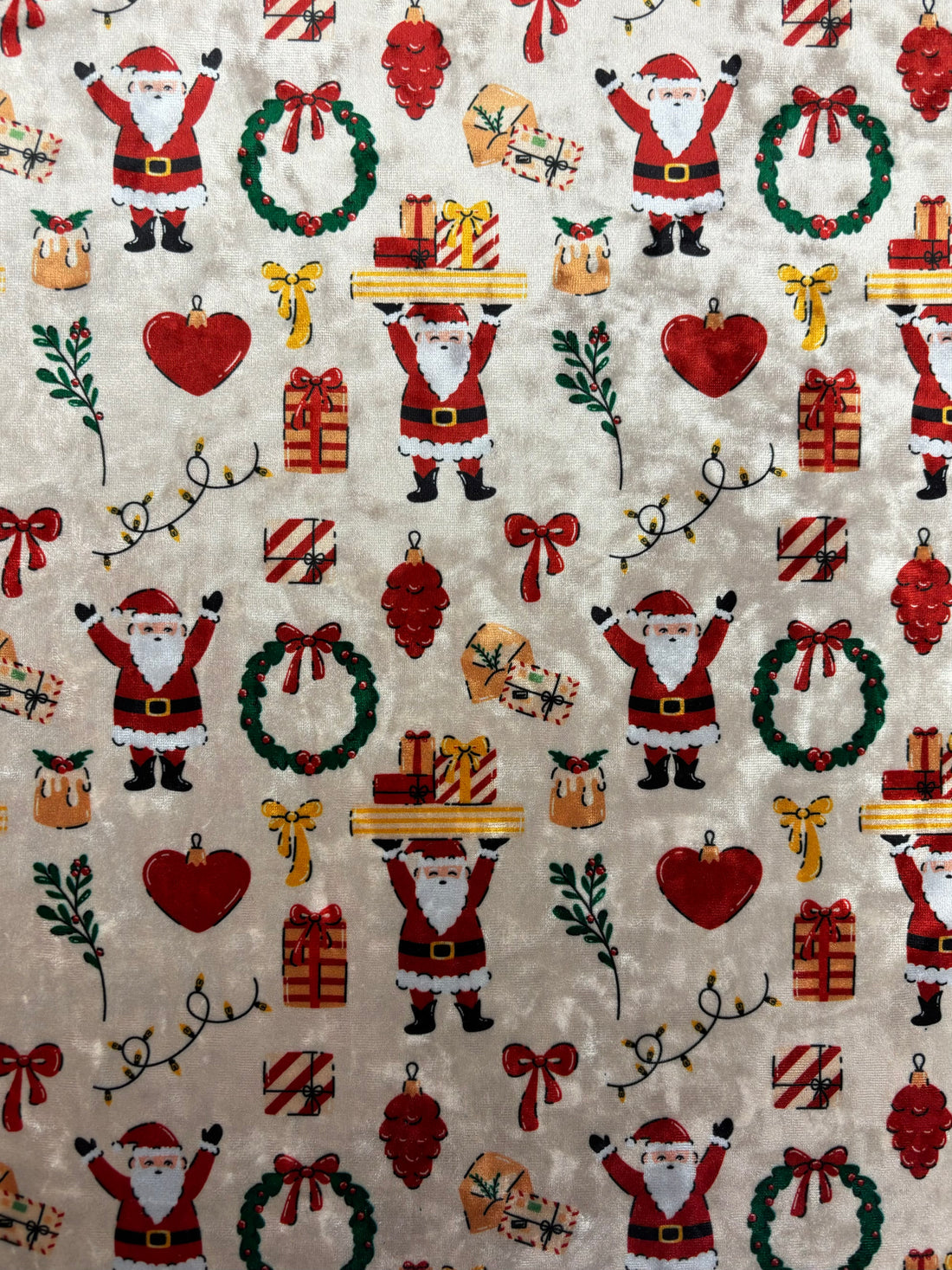 1 Yard Jolly Santa Printed Crushed Velvet 4?way Stretch Fabric Costumes Activewear Streetwear