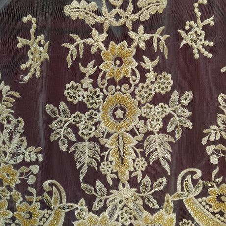1 Yard Exquisite White Hand-Beaded Lace Fabric on 100% Polyester Net Mesh 51 inch Width