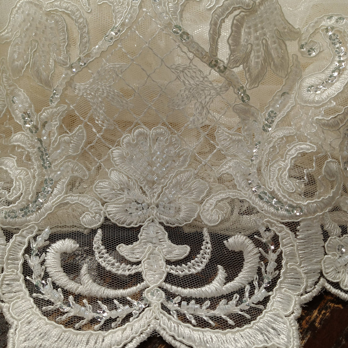 1 Yard Ivory Beaded & Corded Lace Fabric on Polyester Mesh, 51" Wide Embroidered Net Lace for Apparel & Decor
