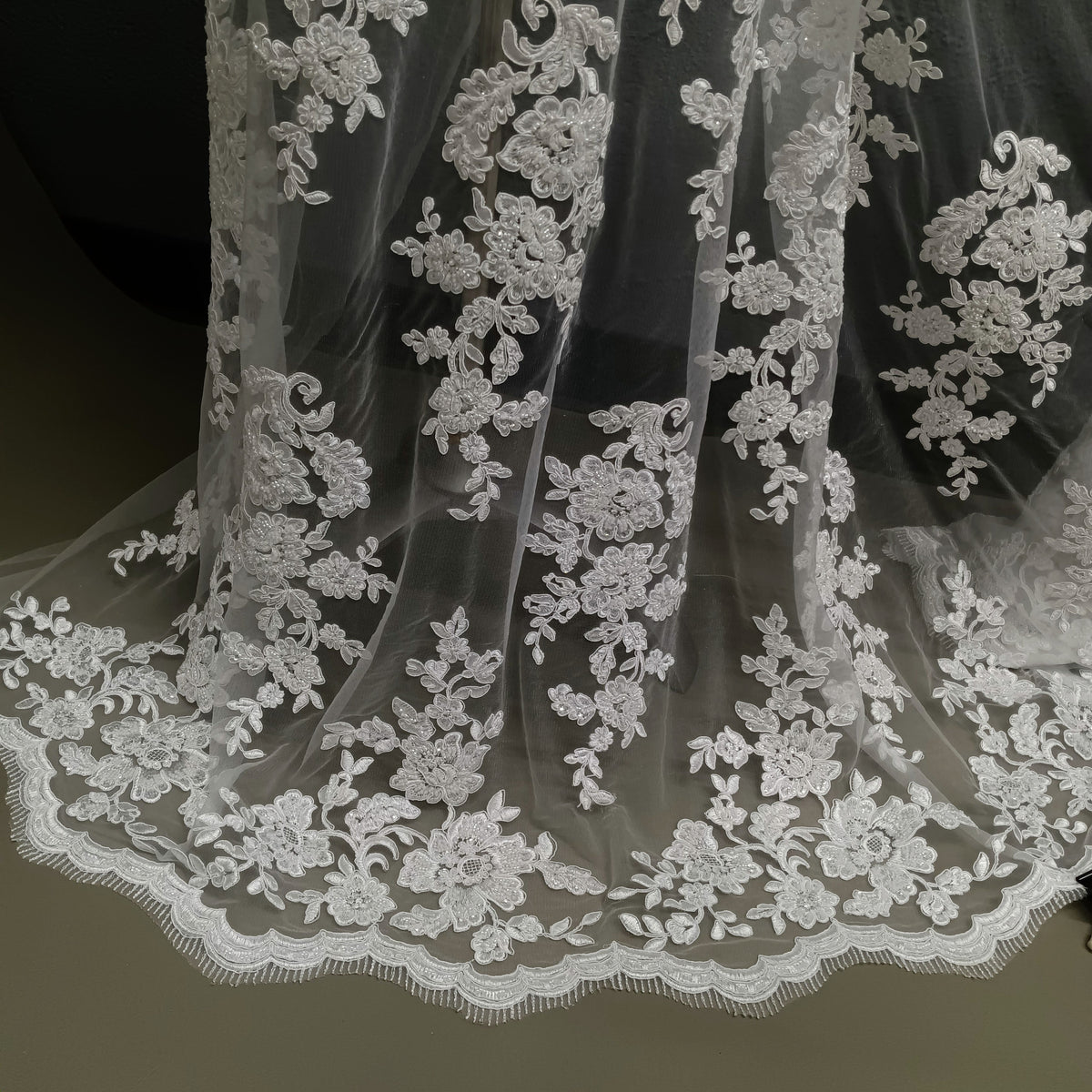 1 Yard Beaded & Corded Bridal Lace Fabric 51" Wide Embroidered on 100% Polyester Net Mesh