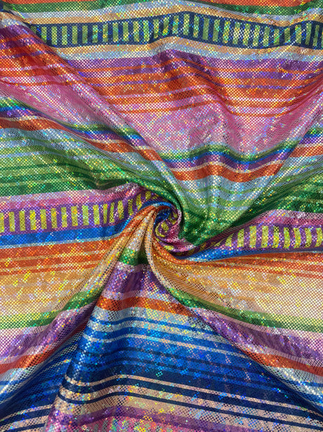 1 Yard Bold Rainbow Striped Shattered Glass Metallic Spandex Fabric for Dancewear and Costumes 60" Width