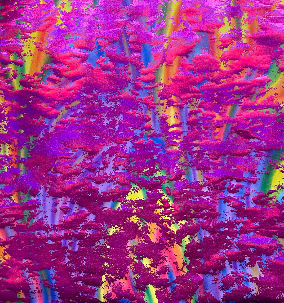 Multicolored Lava Swirls Under Beautiful Colored Foil Polyester Spandex Fabric - Turquoise, Fuchsia, Silver, Foil Print, 58 To 60 Inches Wide