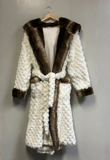 Winter Luxurious Offwhite Faux Fur Hooded Robe Plush Velvet Lined