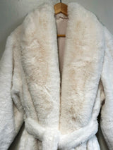 Faux Fur Long Sleeve Robe Coat Off White Plush Lounge Wear with Belt & Velvet Lining