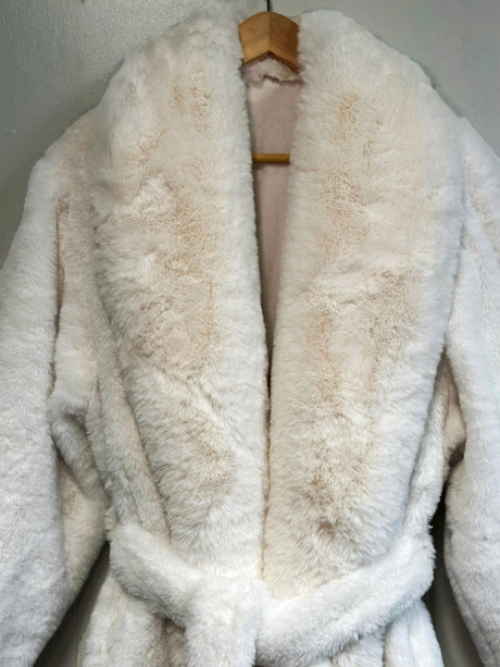 Faux Fur Long Sleeve Robe Coat Off White Plush Lounge Wear with Belt & Velvet Lining