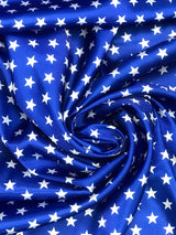 Patriotic Stars Charmeuse Print Royal Polyester Fabric - White Stars Print, Royal, 60" Width (1 Yard)