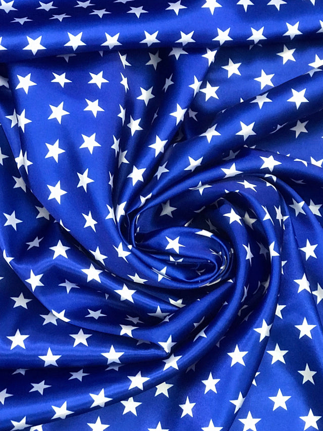 Patriotic Stars Charmeuse Print Royal Polyester Fabric - White Stars Print, Royal, 60" Width (1 Yard)