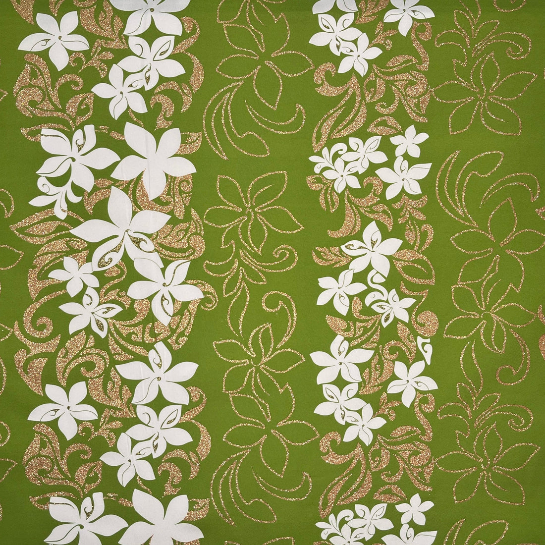 1 Yard 100% Polyester Tiare Garden Glitter Fabric with Plumeria Flowers 36" Cut