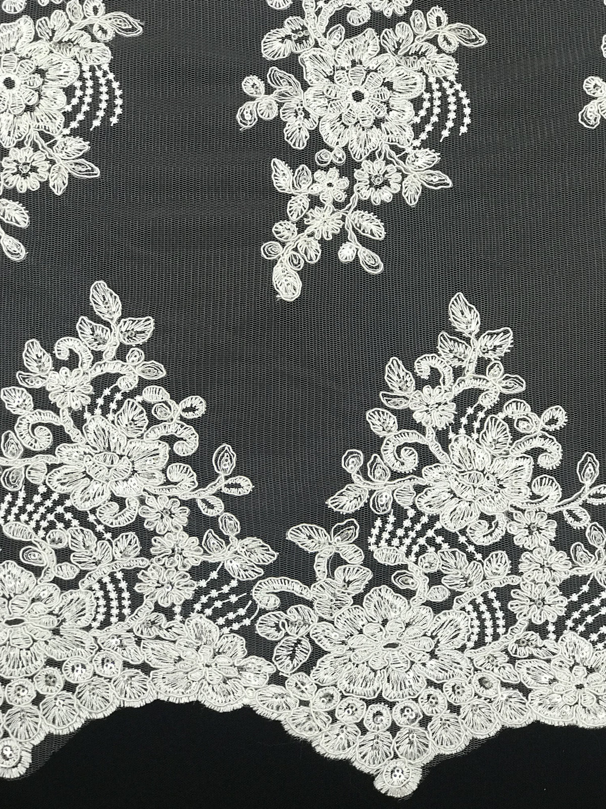 Imperial White Lace Polyester Fabric - White Mesh Net Corded Embroidered With Small Clear Iridescent Sequins, 53/54" Width