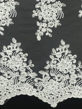 Imperial White Lace Polyester Fabric - White Mesh Net Corded Embroidered With Small Clear Iridescent Sequins, 53/54" Width