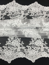 Imperial White Lace Polyester Fabric - White Mesh Net Corded Embroidered With Small Clear Iridescent Sequins, 53/54" Width