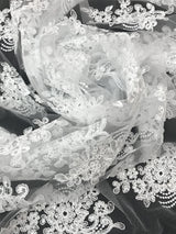 Imperial White Lace Polyester Fabric - White Mesh Net Corded Embroidered With Small Clear Iridescent Sequins, 53/54" Width