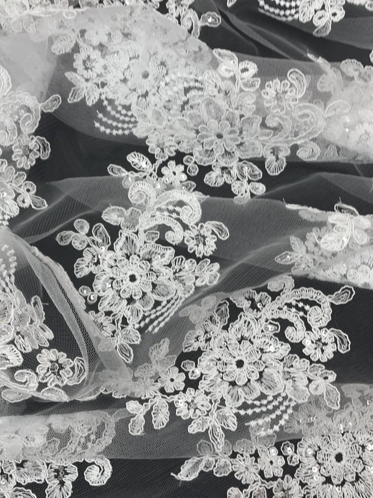 Imperial White Lace Polyester Fabric - White Mesh Net Corded Embroidered With Small Clear Iridescent Sequins, 53/54" Width