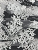 Imperial White Lace Polyester Fabric - White Mesh Net Corded Embroidered With Small Clear Iridescent Sequins, 53/54" Width