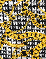 Abstract Chain Design Polyester Spandex Fabric - Red/Gold, White/Gold, Fuchsia/Gold, Abstract Chain Pattern, 58" Width
