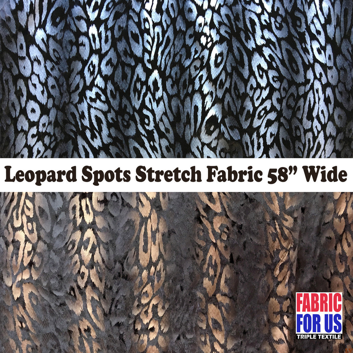 Leopard Spots In Waves Polyester Stretch Fabric - Black/Silver, Black/Copper, Leopard Spots Pattern, 58" Width