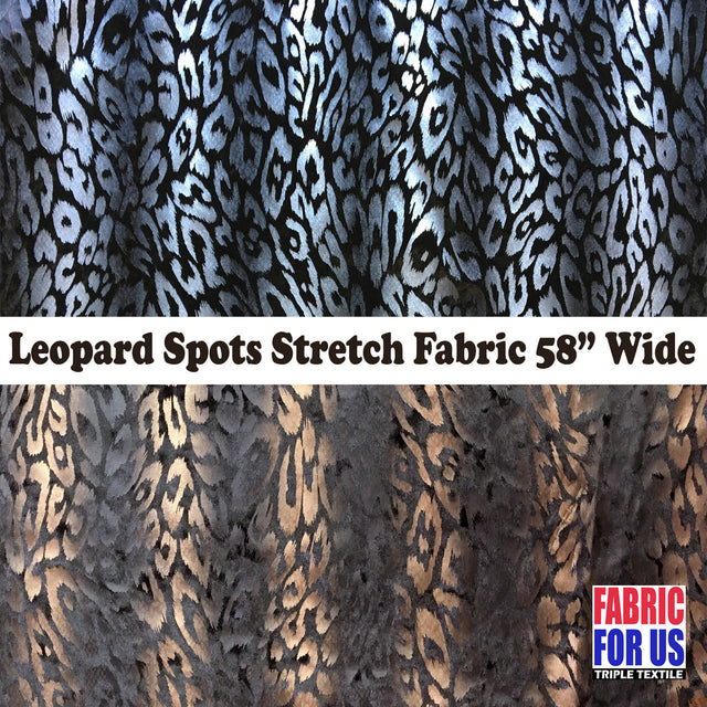 Leopard Spots In Waves Polyester Stretch Fabric - Black/Silver, Black/Copper, Leopard Spots Pattern, 58" Width