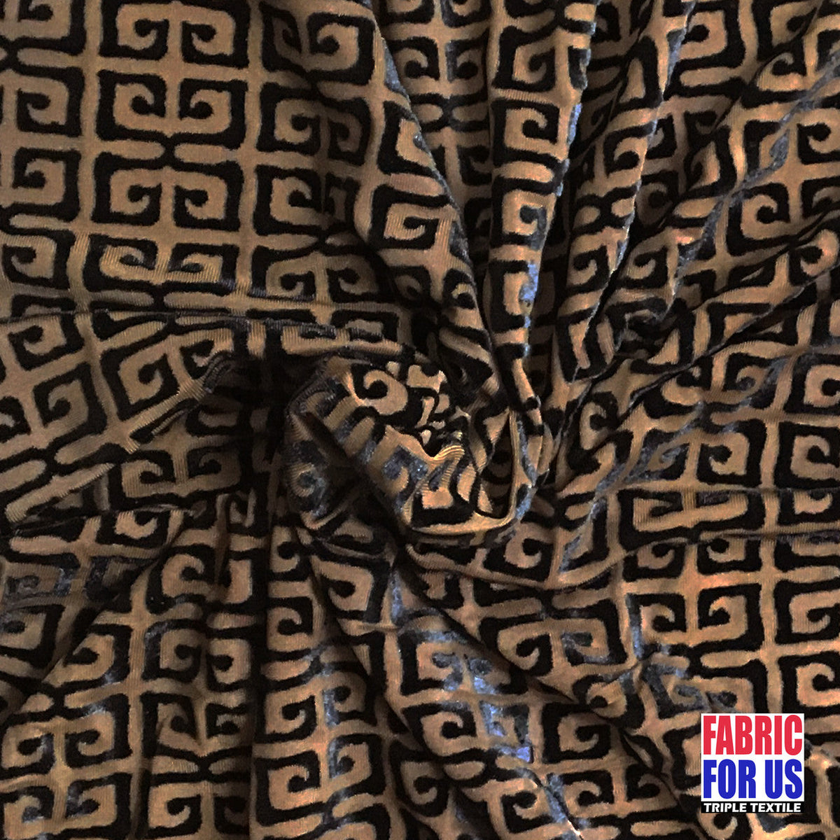 Greek Key Burnout Velvet Stretch Fabric - Tan And Brown Greek Key Pattern, 58" Width