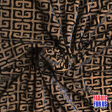 Greek Key Burnout Velvet Stretch Fabric - Tan And Brown Greek Key Pattern, 58" Width