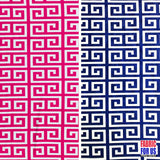 Greek Key Print Design Poly-Spandex Fabric - Navy/Pink Greek Key, 58" Width