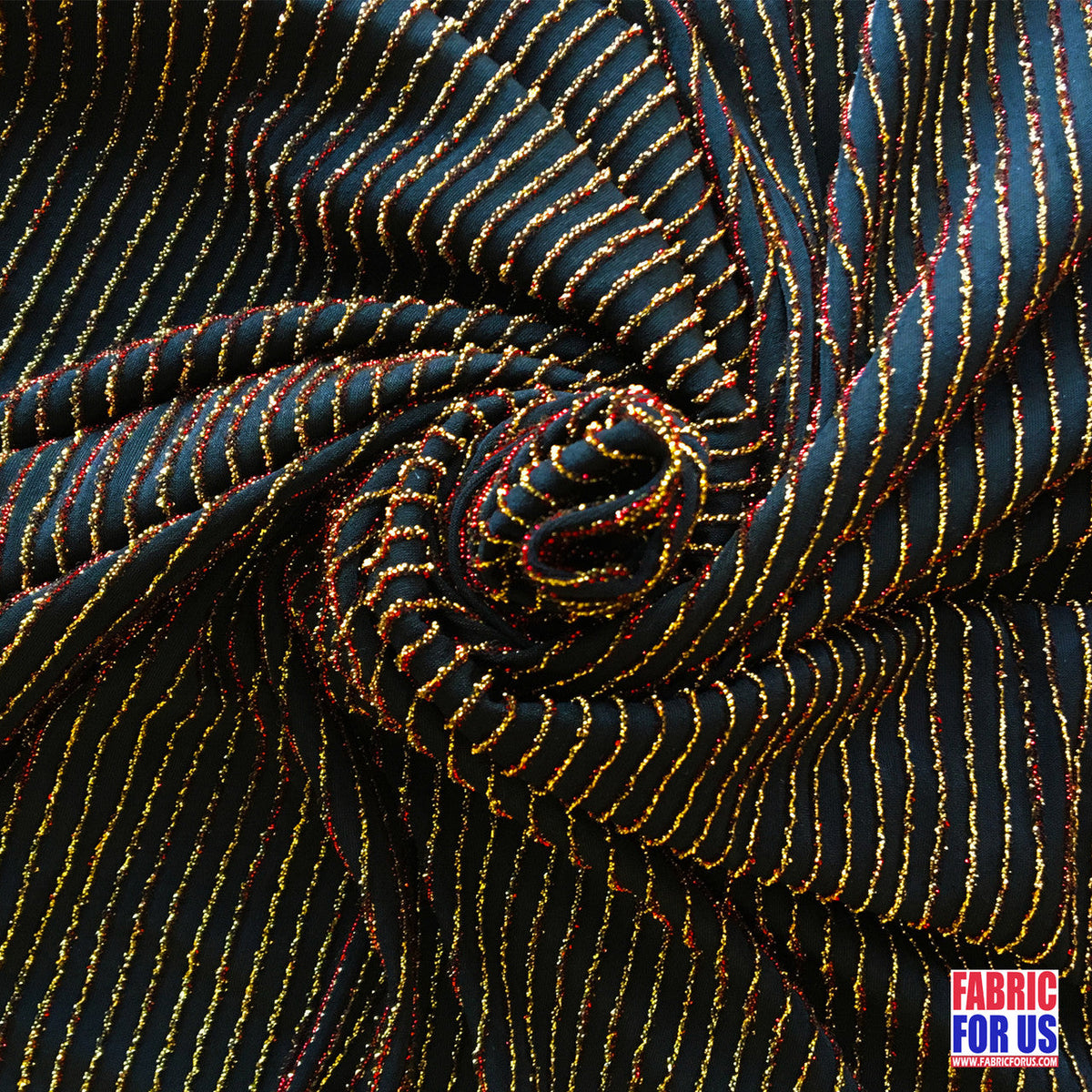 Lurex Red And Gold Thin Stripped Design Stretch Fabric - Black, Red And Gold Striped, 60" Width (1 Yard)