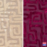 Greek Key Burnout Velvet Pre-Classic Polyester Spandex Fabric - Burgundy/Beige Greek Key Pattern, 58"/60" Width
